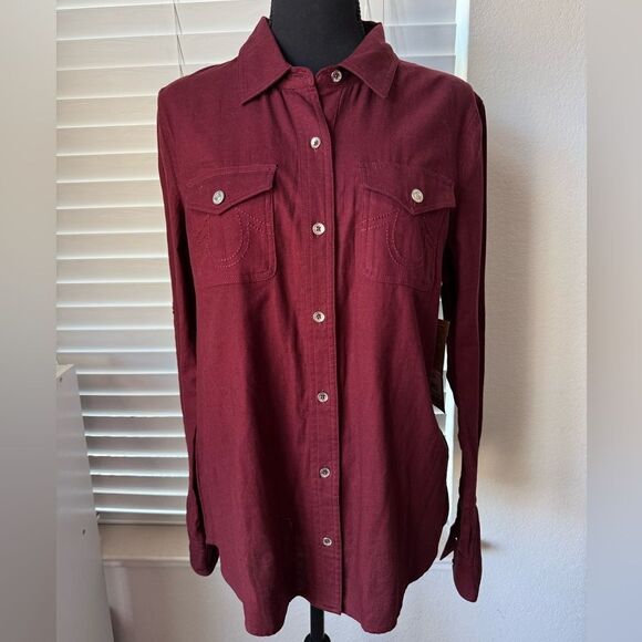 True Religion Utility Shirt Womens L Burgundy Long Sleeve Roll Tab Button Up NWT - Picture 2 of 11
